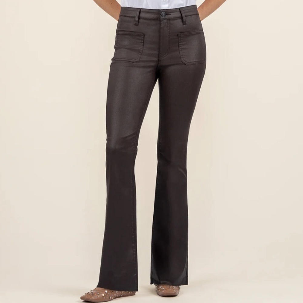 Kut from the Kloth High Rise Stella Flare Black Wax Pant Womens Size 10 NWT